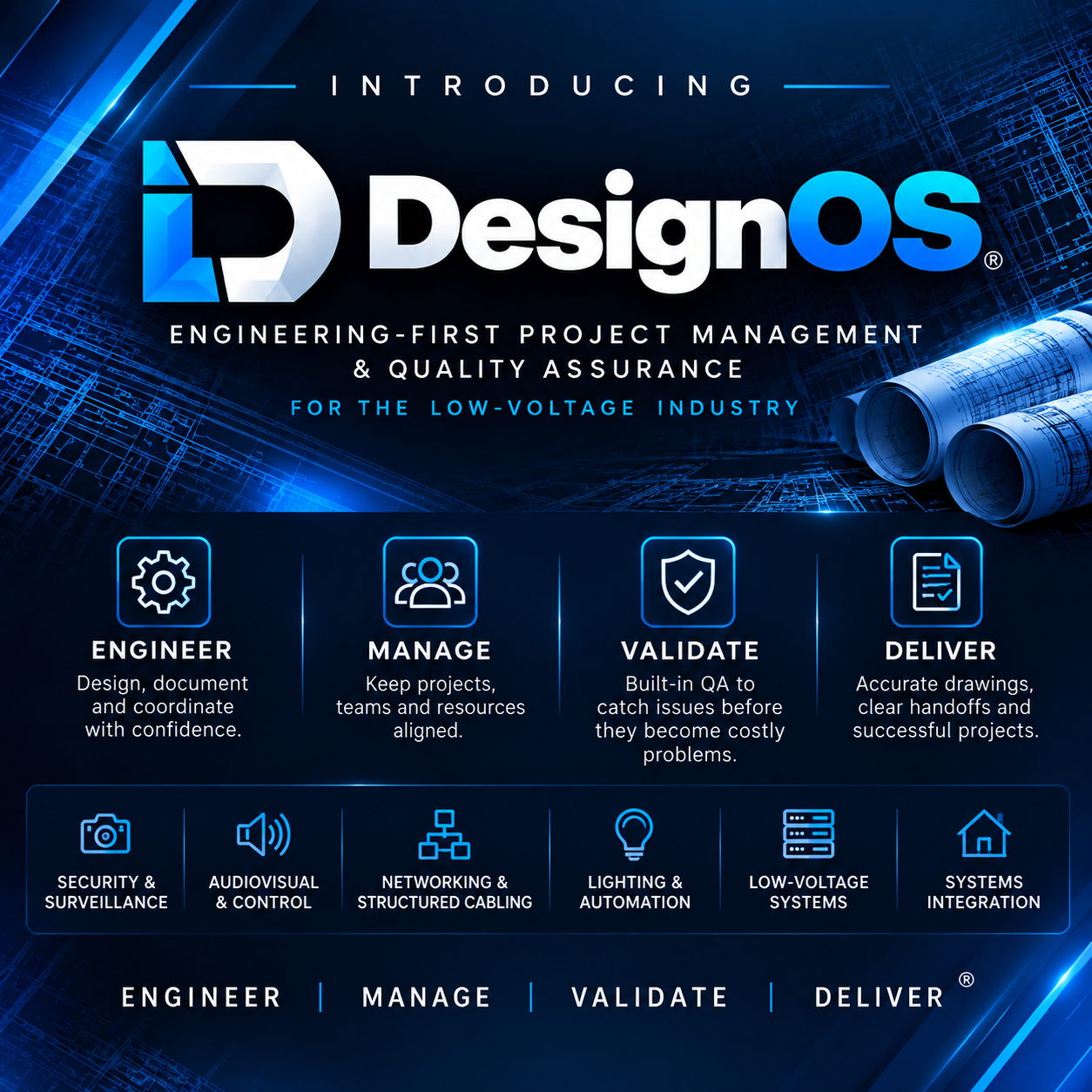 DesignOS engineering-first project management and quality assurance brand flyer featuring the Engineer, Manage, Validate, Deliver pillars